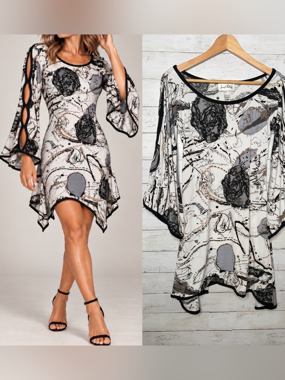 Joseph Ribkoff Abstract Floral Keyhole Bell Sleeve Mini Dress Size 12